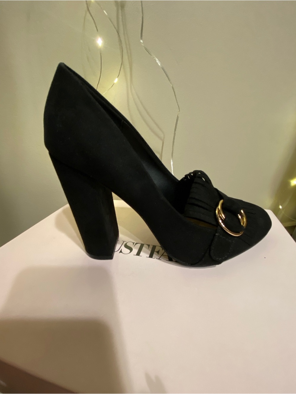 JustFab Black Block Heel Loafer Pump with Gold Buckle